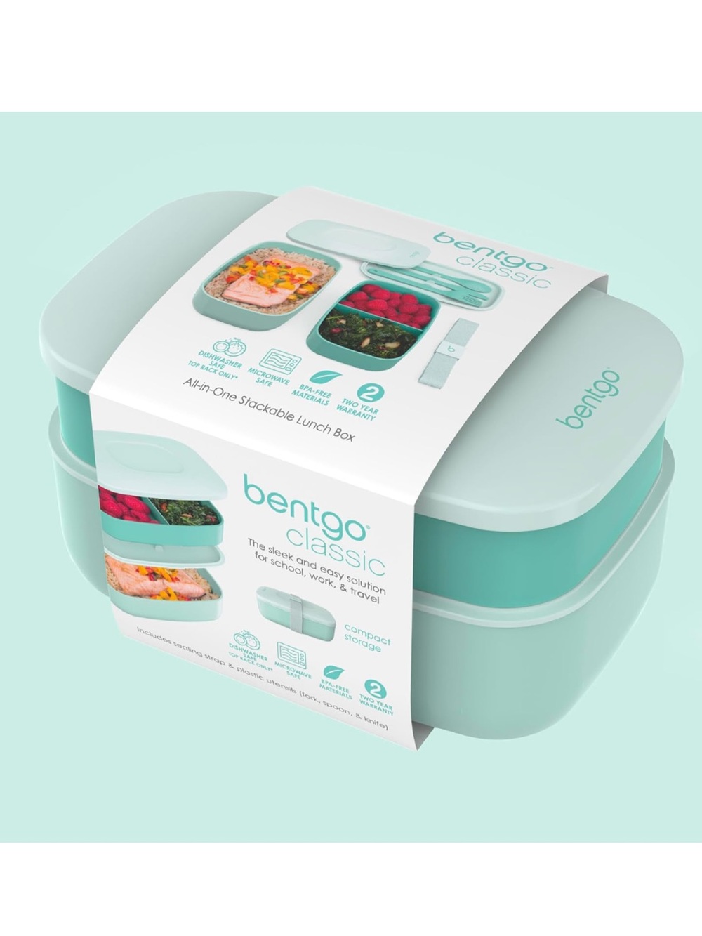 bentgo Classic Stackable 3 Compartment Bento Style Lunch Box, Coastal Aqua